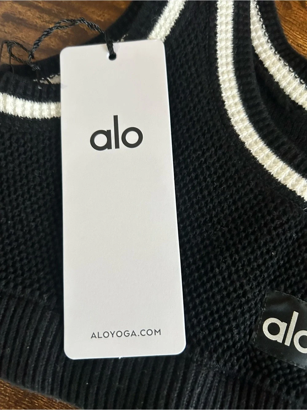 ALO Yoga Black Knit Crop Tank with White Stripe Trim